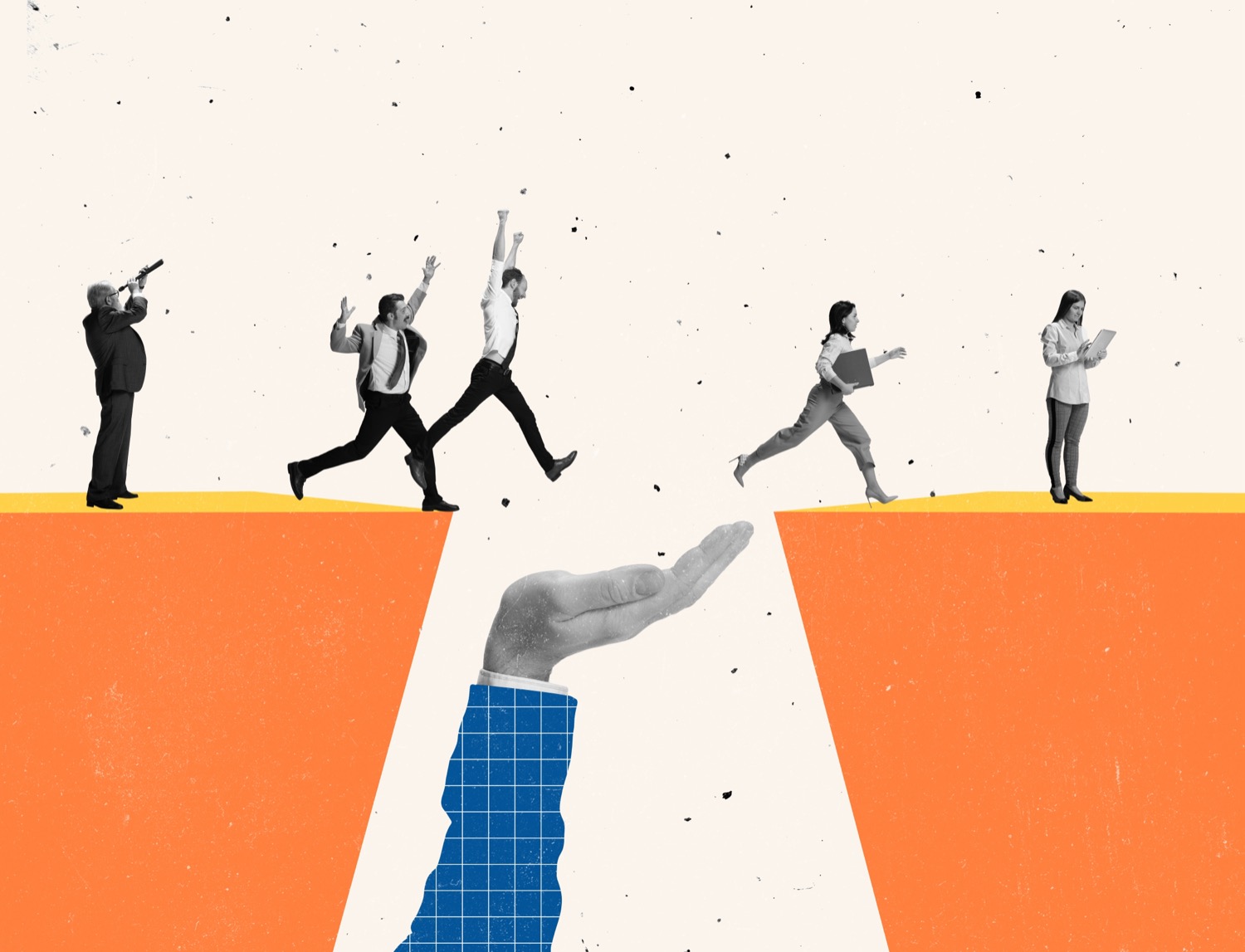 Persone che attraversano un divario, sostenute da una grande mano tesa